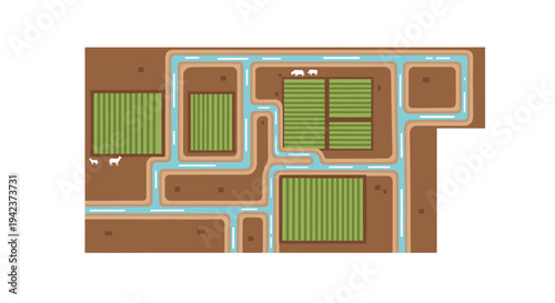 Top Down View of Agricultural Farm with Irrigation System and Animals