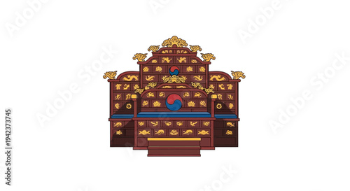 Ornate Korean Royal Throne with Taegeuk Symbol, Isolated