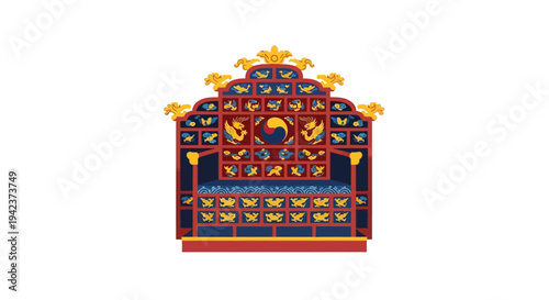 Traditional Korean Royal Throne with Ornate Decorations and Symbols