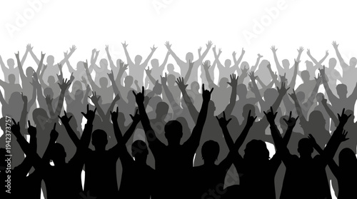 Silhouette of a large cheering crowd with hands raised at a music concert or festival event on white background