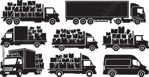 Variety of trucks and delivery vehicles in silhouette form
