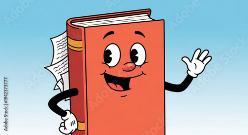 Friendly cartoon book character waving with a cheerful expression on a blue background