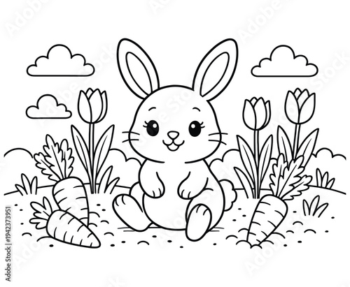 Cute cartoon bunny sits in a field surrounded by carrots and tulips under clouds