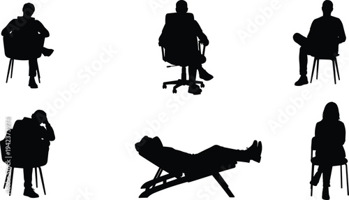 People sitting on chairs silhouette set, men and woman relaxed seated poses lounge furniture isolated black vector illustration