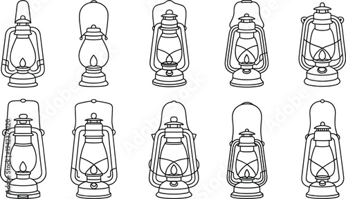 Vintage kerosene lantern collection, outline camping oil lamp icons set, classic hurricane lantern illustration isolated for outdoor lighting design
