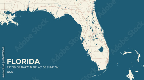 Minimalist Florida USA Map with Geographic Coordinates and Major Road Networks