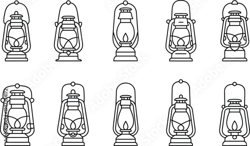 Vintage kerosene lantern line icons set, classic hurricane oil lamp outline collection isolated for camping outdoor lighting illustration design
