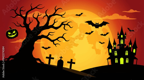 Halloween Spooky Night Illustration with Haunted Castle Silhouettes, Graveyard, Bats, and Glowing Jack-o-lantern under Large Full Moon on Orange Background