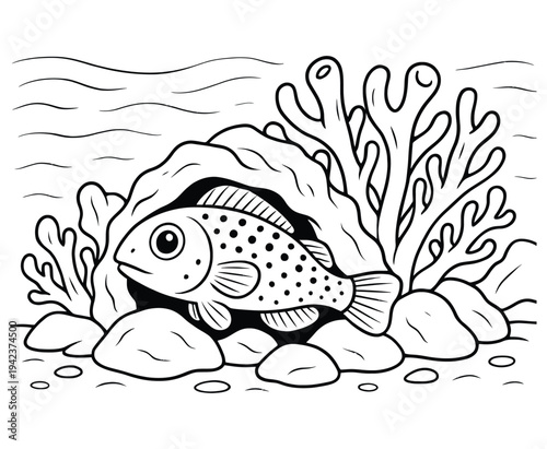 Spotted fish hiding among rocks and coral underwater scene