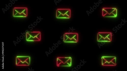 Glowing Neon Email Icons Background – Red and Green Mail Notification Symbols on Black