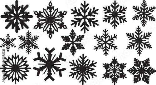 Collection of various black snowflakes on white background