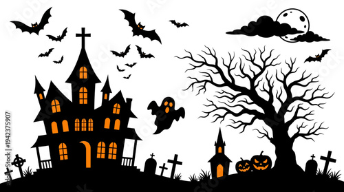 Halloween Spooky Silhouette Landscape with Haunted House, Cemetery, Bats, and Ghost on White Background