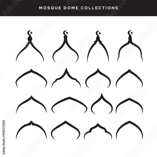 Collection of Mosque Dome Silhouette on Black Outline, Vector, Illustration, for Invitation card, Poster, Banner, Greetings Card and Others