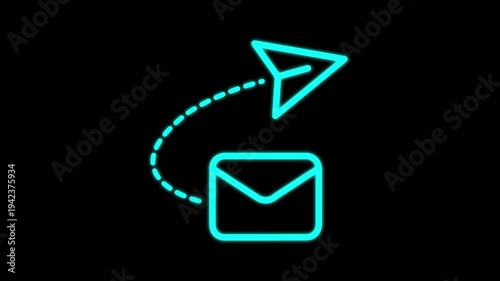 Neon Paper Plane Sending Email Message Icon on Black Background