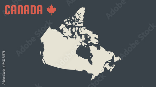 Minimalist Vintage Style Canada Map Illustration with Red Maple Leaf and Retro Text on Dark Background
