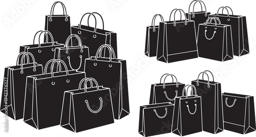 Collection of black shopping bags on white background illustration