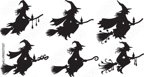 Black Solid Ceremonial Flight Witch Silhouettes Set of Six on White Background