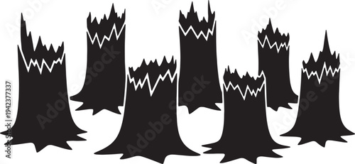 Black Solid Charred Slash and Burn Silhouettes Set of Six on White Background