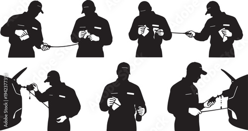 Black Solid Mechanic Wiping Dipstick Silhouettes Set of Six on White Background