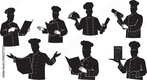 Black Solid Chef Menu Presentation Silhouettes Set of Six on White Background
