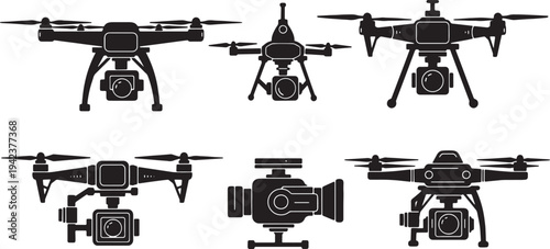 Black Solid Cinematic Drone Camera Silhouettes Set of Six on White Background