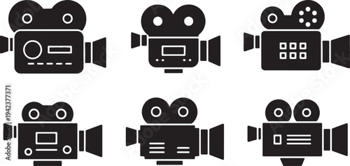 Black Solid Cinematic Film Camera Silhouettes Set of Six on White Background