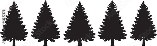 Black Solid Christmas Holly Tree Silhouettes Set of Six on White Background