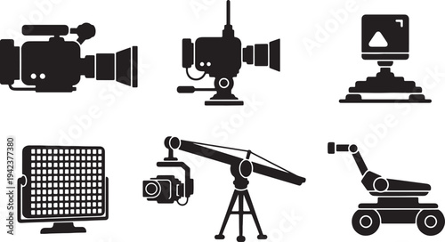 Black Solid Cinema Virtual Production Camera Silhouettes Set of Six on White Background