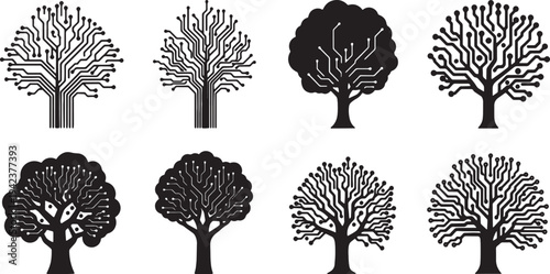 Black Solid Circuit Board Tree Silhouettes Set of Six on White Background