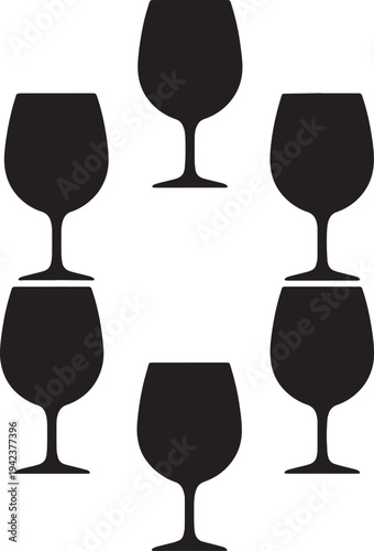 Black Solid Circular Composition Wine Glasses Silhouettes Set of Six on White Background