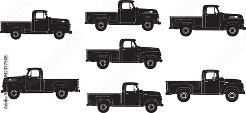 Black Solid Classic Pickup Truck Silhouettes Set of Six on White Background