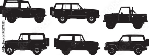 Black Solid Classic Sport Utility Vehicle Silhouettes Set of Six on White Background