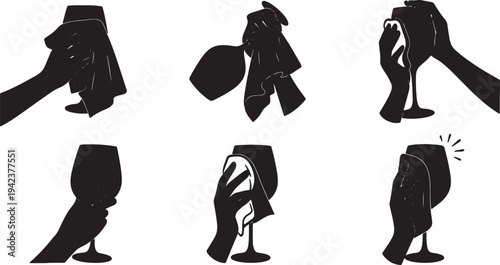 Black Solid Cleaning Wine Glasses Silhouettes Set of Six on White Background