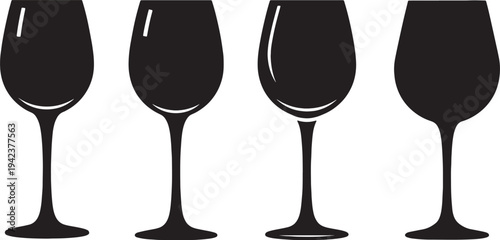 Black Solid Close-Up Wine Glasses Silhouettes Set of Six on White Background