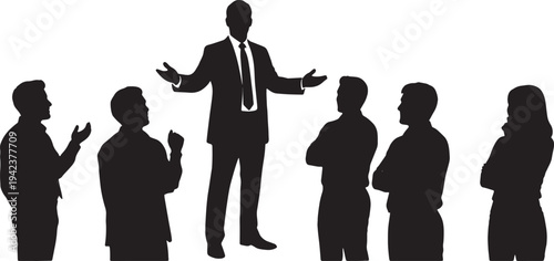 Black Solid Leadership Coach Open Arms Presentation Silhouettes Set of Six on White Background