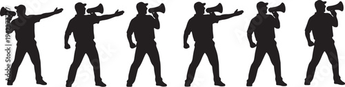 Black Solid Coach Shouting Megaphone Silhouettes Set of Six on White Background