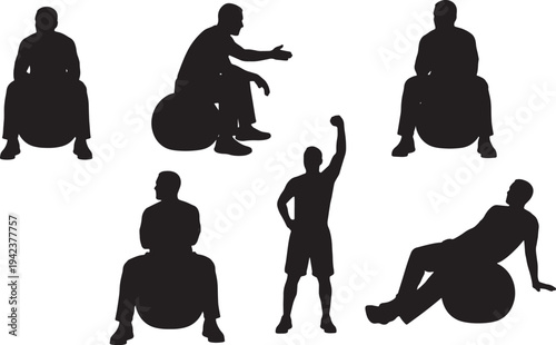Black Solid Coach Sitting on Gym Ball Silhouettes Set of Six on White Background