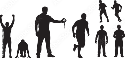 Black Solid Coach with Stopwatch Timing Silhouettes Set of Six on White Background