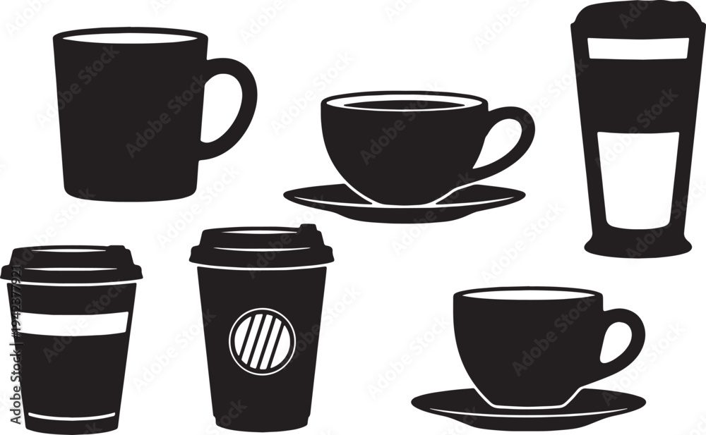 Obraz premium Black Solid Coffee Cup Cafe Counter Display Silhouettes Set of Six on White Background