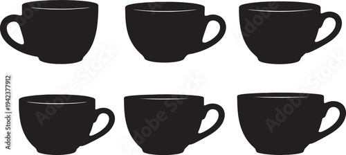 Black Solid Coffee Cup Cafe Setting Silhouettes Set of Six on White Background