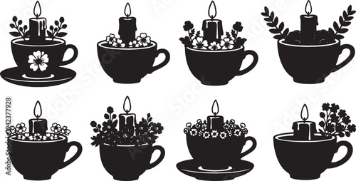 Black Solid Coffee Cup with Candles and Flowers Silhouettes Set of Six on White Background
