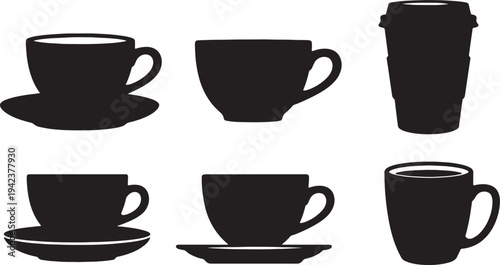 Black Solid Coffee Cup Cafe Window Display Silhouettes Set of Six on White Background
