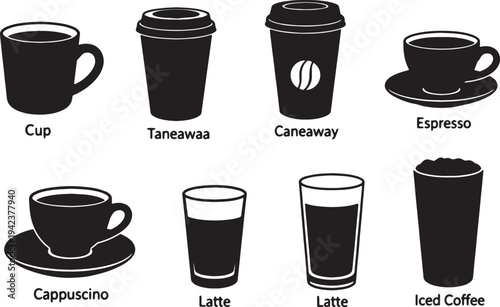 Black Solid Coffee Cup Cafe Menu Silhouettes Set of Six on White Background