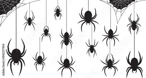 Black Spiders Hanging from Strings in a Web Illustration