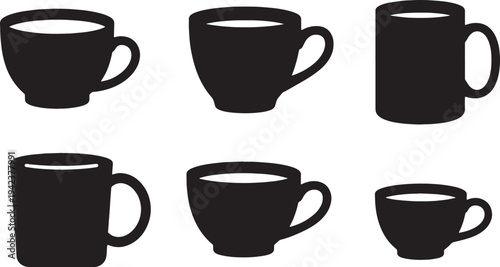 Black Solid Coffee Cup Handled and Handle-less Silhouettes Set of Six on White Background