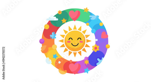 A colorful illustration of a smiling sun surrounded by diverse icons and symbols on International Day of Happiness with a vibrant, celebratory background and joyful design elements.