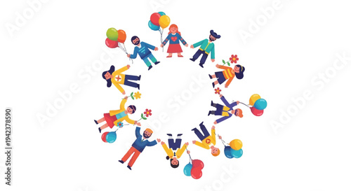 A vibrant illustration of diverse people holding hands and icons in a circular formation, celebrating the International Day of Happiness with colorful balloons and a joyful design on a