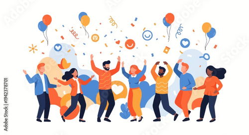 Vector illustration of diverse people celebrating International Day of Happiness with balloons and icons in a colorful design.