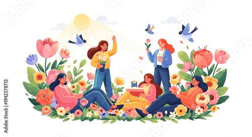 Vector illustration of diverse people celebrating International Day of Happiness with balloons and flowers in a colorful design