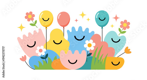 Vector illustration of smiling characters and balloons on International Day of Happiness with a joyful design and colorful iconography.